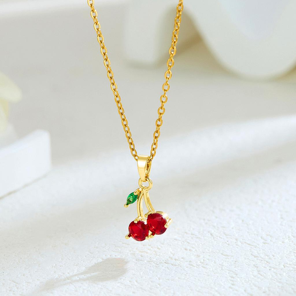 New Sweet and Cute Dripping Oil Strawberry Cherry Titanium Steel Necklace Female Simple Versatile Fruit Series Collarbone Chain