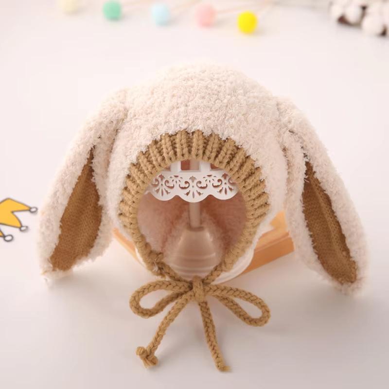 

Милая зимняя детская шапка с ушками кролика и медведя, теплая плюшевая шапка-бини для новорожденных мальчиков и девочек, однотонная шапка-боннет с ушками для малышей и детей бежевый