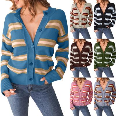  And Winter Striped Color Blocked Knitted Button Cardigan Long Sleeved Women's Clothing