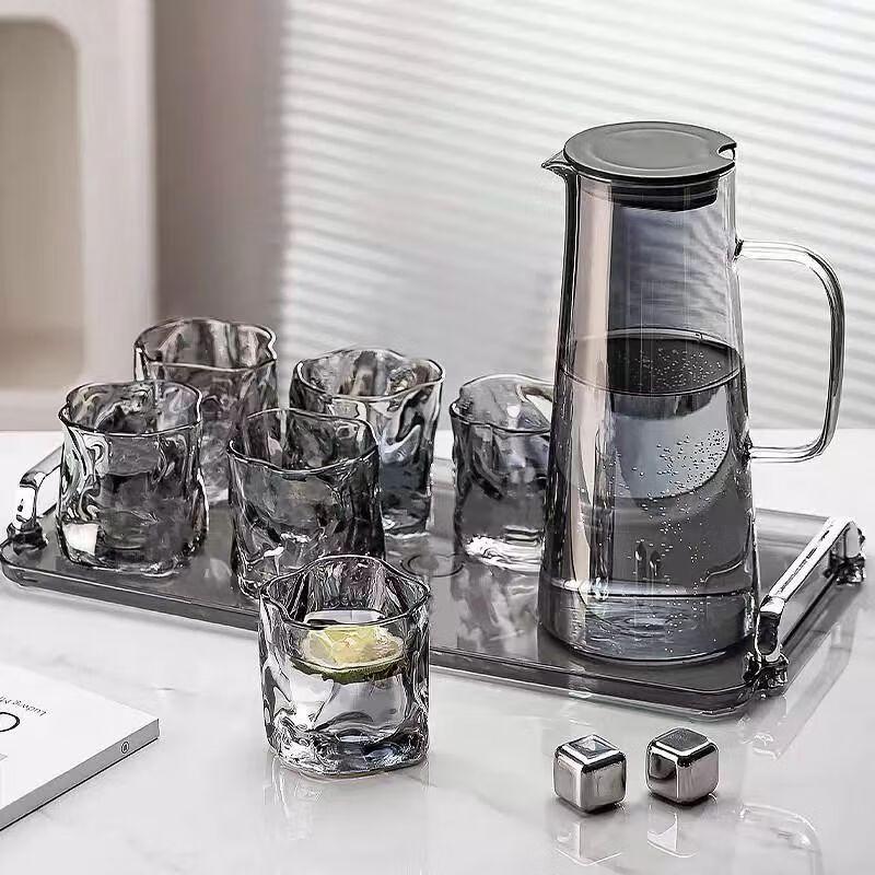 High Borosilicate Glass Pitcher Set with 6 Cups and Tray