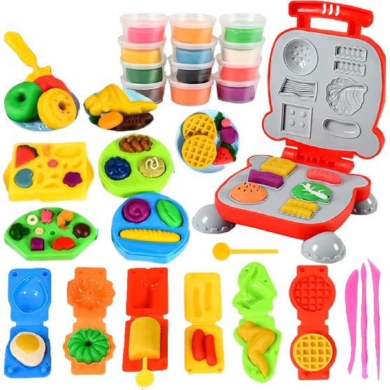 Color Dough Set Kitchen Creations Waffle Pizza Burger Maker Pretend Chef Toy Play Food Modeling Tools Kit with 12 Colors Wheat Doughs for Kids Girls