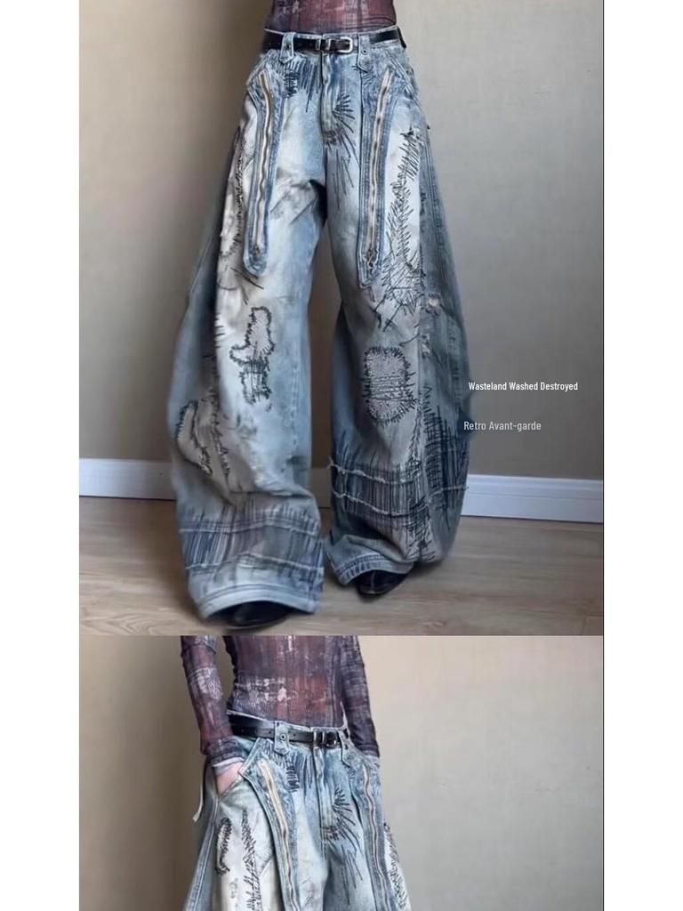 Women's Plus Size Retro Knife-Design Wide-Leg Jeans: Washed, Stained, Curved, Draping Long Pants