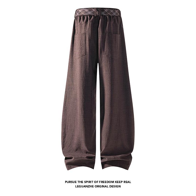 Vintage Contrast Color Plaid Belt Curved Wide Leg Loose Casual Pants For Men