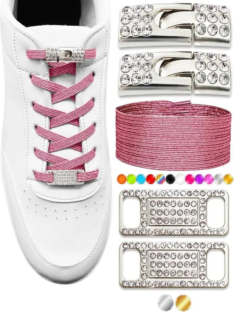Elastic No Tie Shoe Laces Bling Diamond Cross Locks Shoelace Charms for Women Sneakers Luxury Smart Buckle AF1 Metal Shoelaces