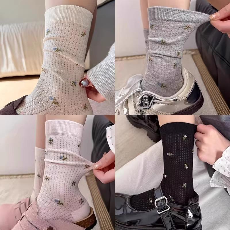 Spring Summer Thin Mesh Floral Socks Women Mid Calf Breathable Moisture Wicking Anti Odor Japanese Stacking Cotton Stockings