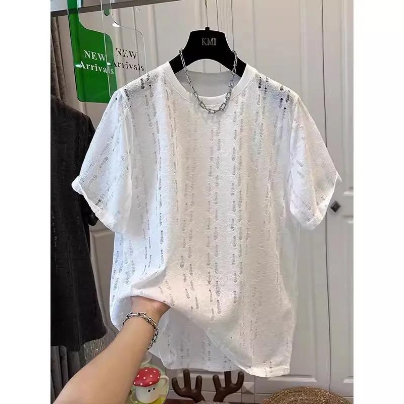 

Summer New Fashionable Round Neck Hollow Loose Short-sleeved Women s Chic and Trendy Casual Tops for Age Reduction XL