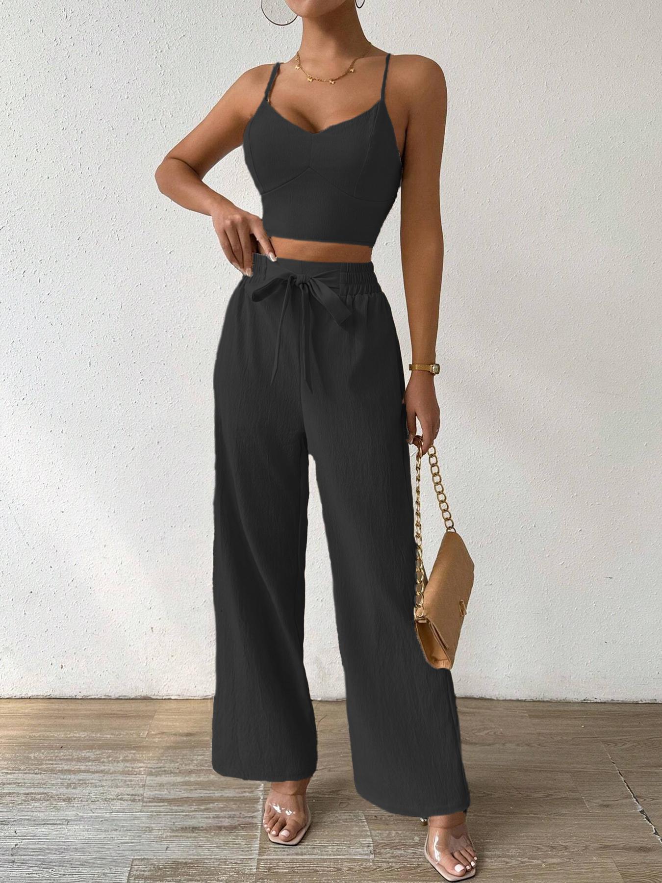 

Women s Black Strappy Tank Top with Wide Leg Pants Set, Casual Summer Outfit with Waist Tie, Boho Chic Two-Piece Ensemble XXL чорний