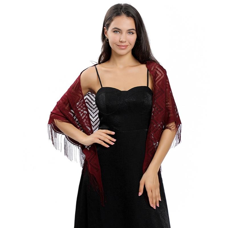 Women's Triangle Lace Shawl with Tassels Waved Shoulder Wrap Shawl Scarf for Bridal Gowns and Evening Parties