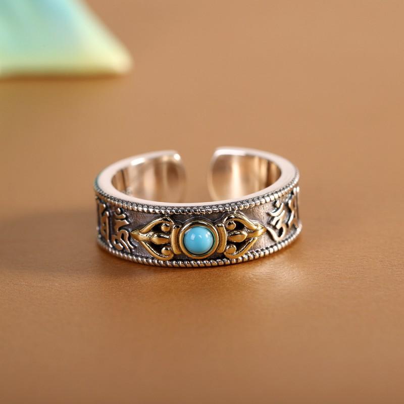Adjustable Open Ring With Tibetan Mantra Design Vintage Plated Geometric Jewelry Men Women