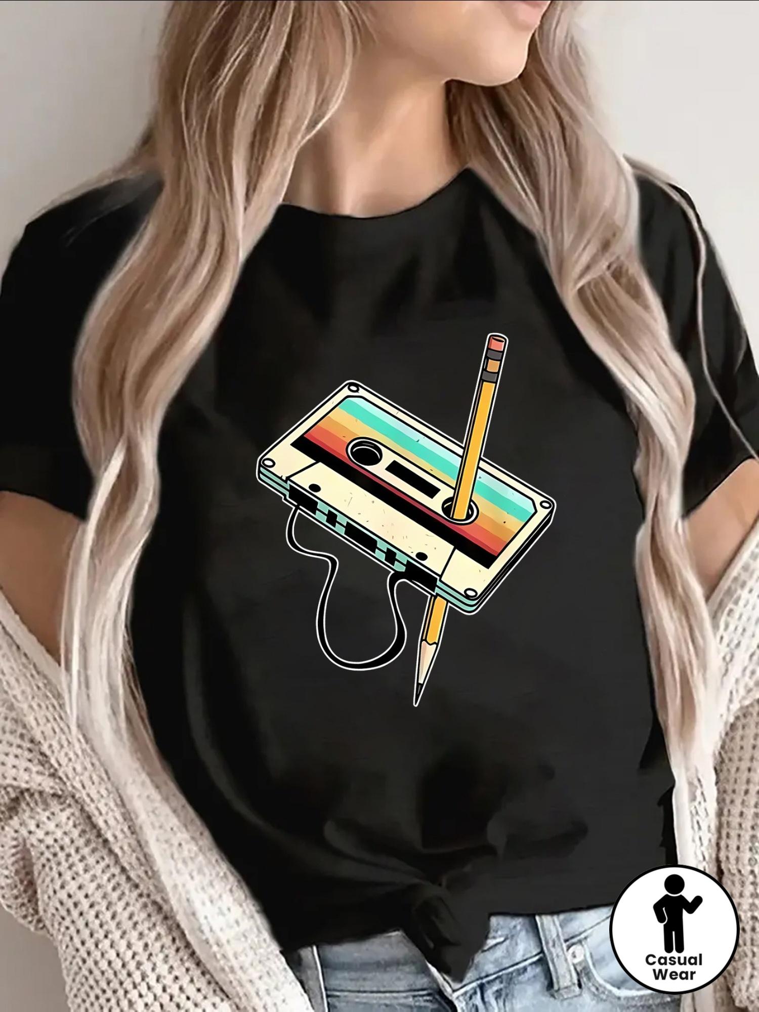 Lightweight And Durable Short-Sleeve T-Shirt Featuring a Vintage Cassette Tape And Pencil Design, Perfect for Casual Outings at Home, Work S чёрный