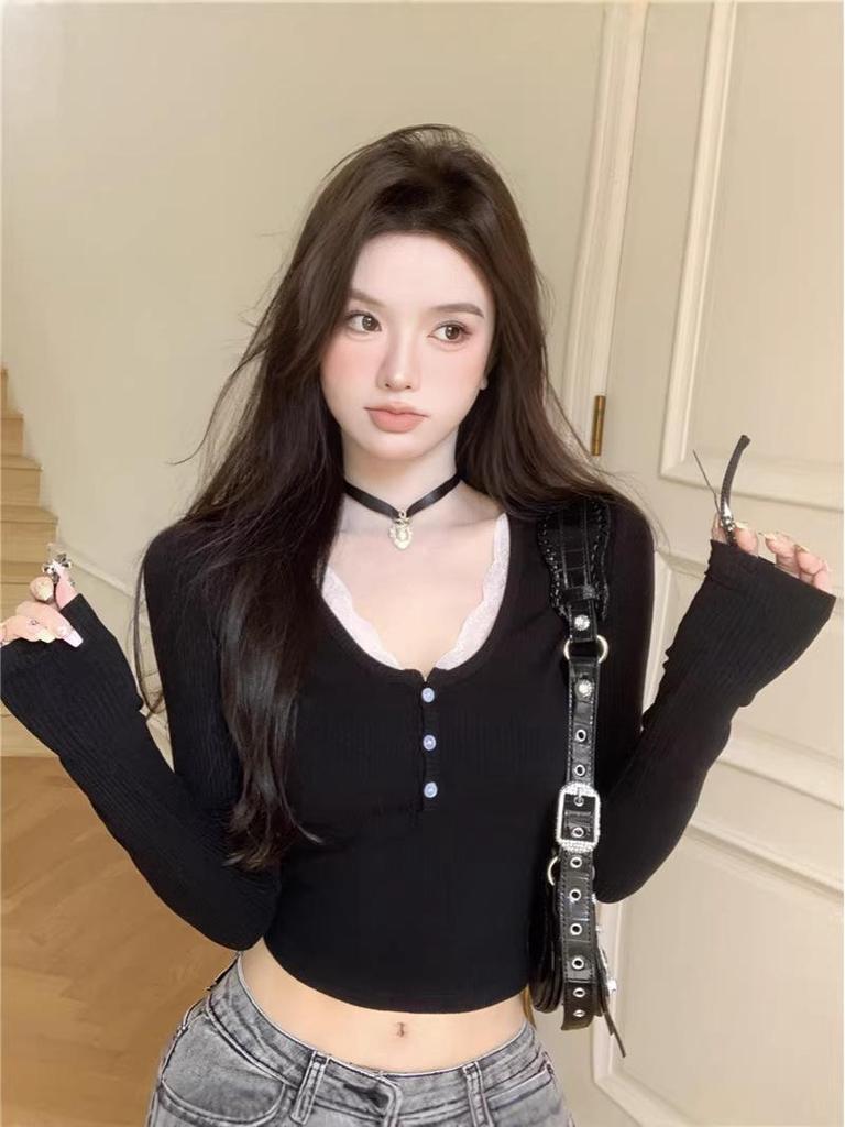 Sweet & Spicy Lace Patchwork Long Sleeve T-shirt - Women's Autumn/Winter Korean Style Sexy Base Layer Top