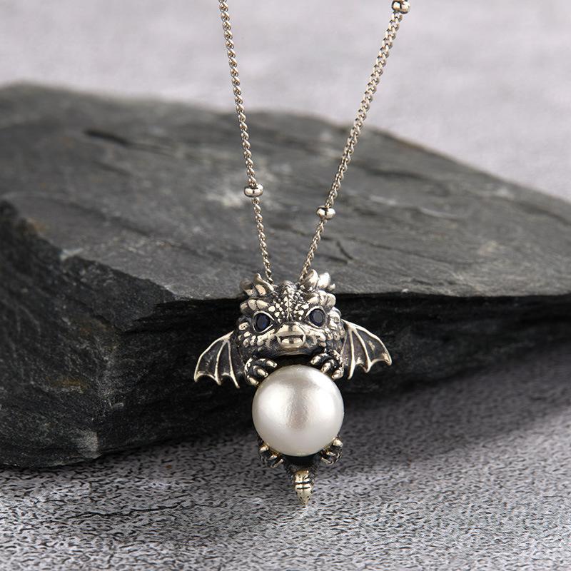 

S925 Sterling Silver Natural Pearl Colored Baotai Silver Necklace Retro Personality Exaggerated Little Devil Holding Pearl Pendant