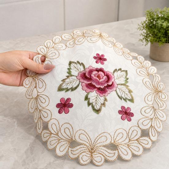 Embroidered Flower Placemat, Round Floral Coaster Placemat, Heat Resistant Table Protector Mat for Dining Table Cup Vase Wedding Party Decoration