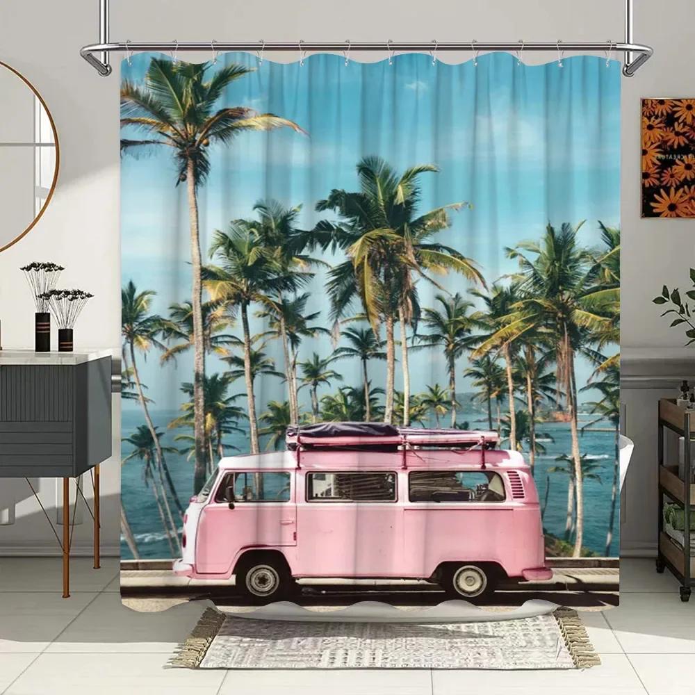 Vintage Letnie Wakacje Retro Bus Camper Van Zasłony Prysznicowe Deska Surfingowa Palma Łazienka Wystrój Domu Zasłona do Wanny z Haczykami