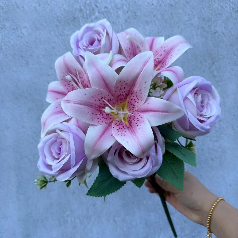 

45cm Artificial Mix Rose Lilies Flower Head with Fake Bouquet For Home Room Decor Wedding Decoration DIY Gifts Vase Accessories 1Pcs светло-фиолетовый