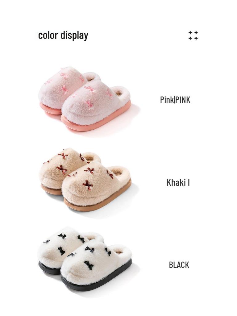 Women's Bowknot Plush Cotton Slippers - Thick, Warm, Non-slip Indoor Footwear for Autumn/Winter 2025