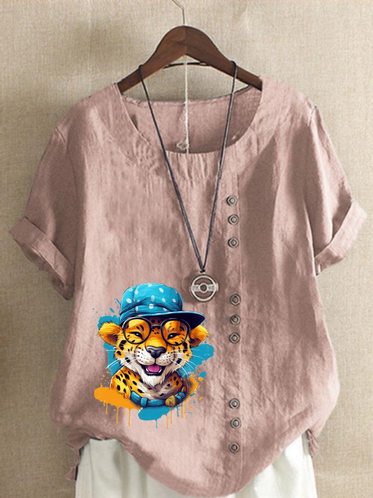 Women s Fashion Cute Leopard Print Casual Cotton Linen Short Sleeve Round Neck T-shirt Shirt Leisure Loose Summer Blouse Tops S