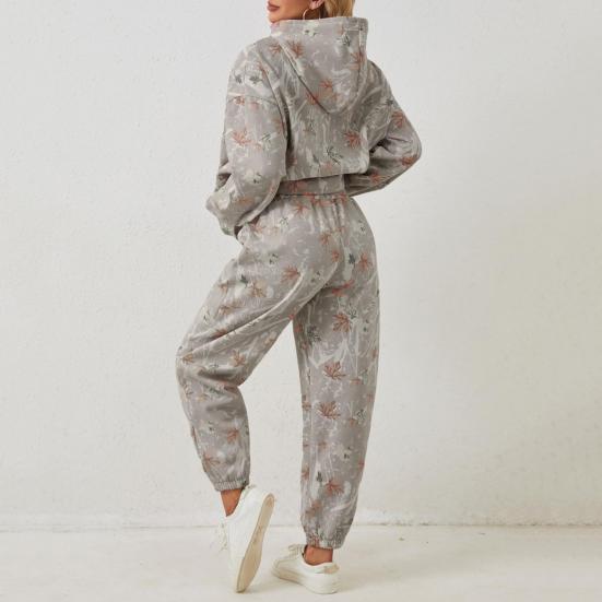 2 Piezas/Set Traje de Sudadera con Capucha y Pantalón para Mujer Estampado Mangas Largas Top Grueso Cintura Elástica Tobillera