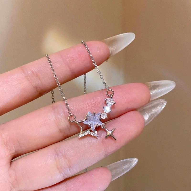 Elegant Shiny Zircon Star Cross Pendant Necklace Sweet Cute Girls Round Crystal Clavicle Chain Women Y2K Jewelry