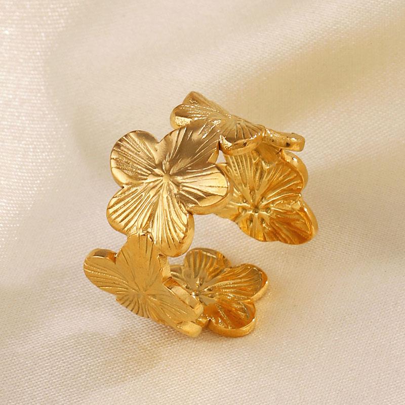 Stainless Steel Flower Adjustable Opening Rings Golden Plated Waterproof Finger Jewelry For Women Wedding Exquisite Gifts