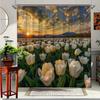 1pc Sunset Tulip Shower Curtain - Vibrant Floral Design with White Tulips & Sunset Sky, Durable Polyester Fabric, 70. 8x70. 8 In