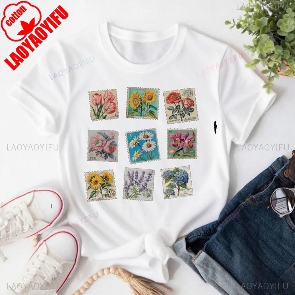 Vintage Floral Stamp Collage TShirt Cottagecore Botanical Design Clothes High Quality Cotton Tops Unisex Women Sweatshirt S