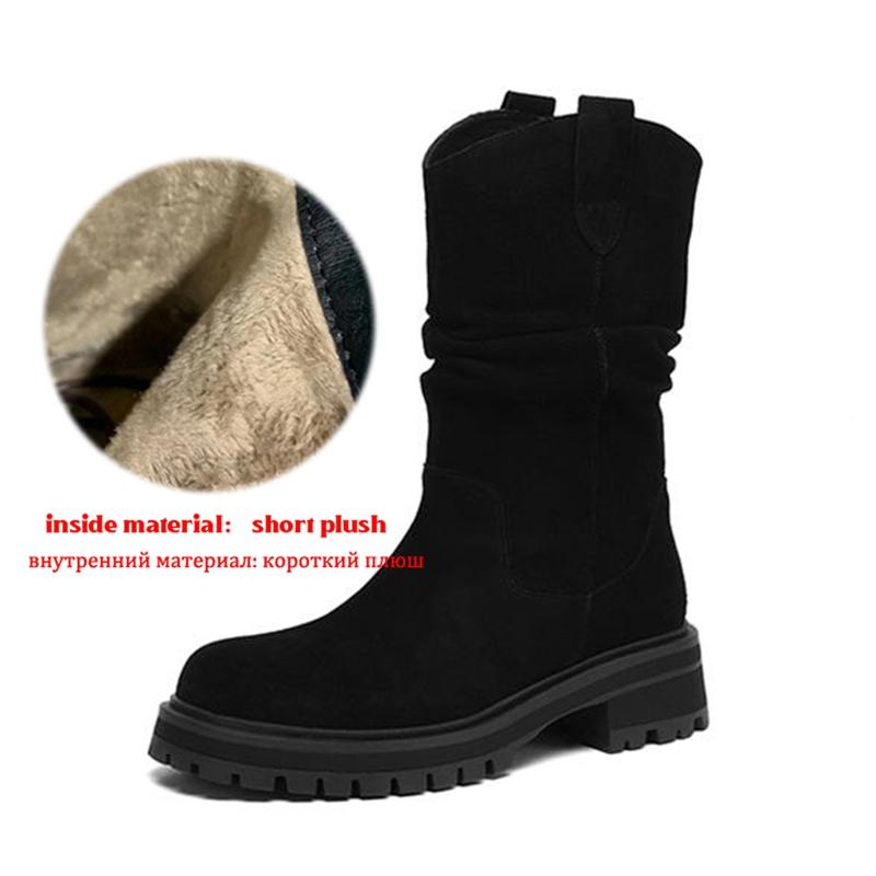 Krazing Pot Cow Suede Nubuck Winter Round Toe Western Boots Med Heels Pleated Decoration Women British School Mid-calf Boots