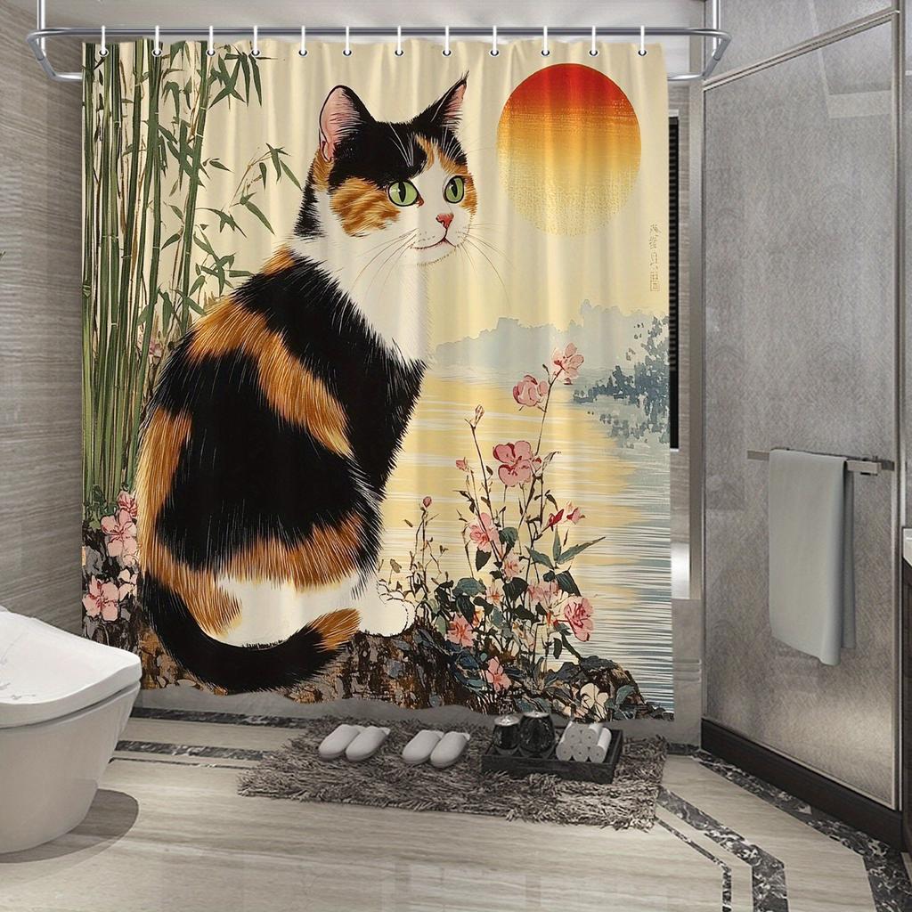 Charming Calico Cat and Sunset Waterproof Shower Curtain – Perfect for Adding a Warm and Cozy Touch to Your Bathroom Decor