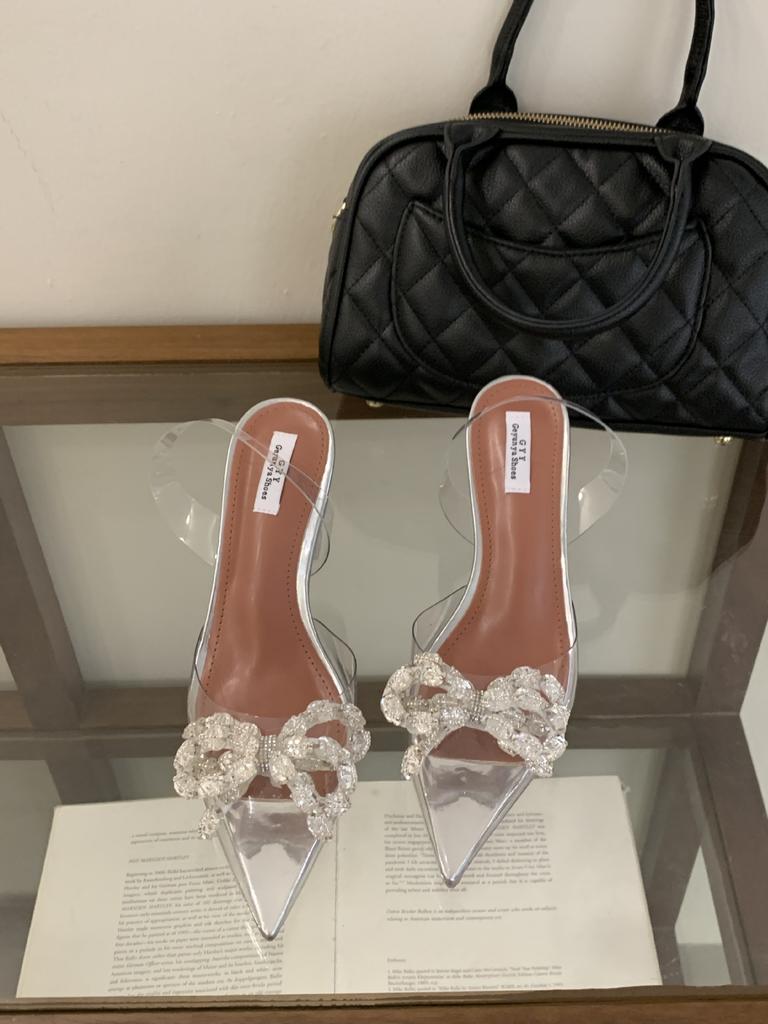 2025 Rhinestone Bow Transparent Crystal Root High Heel Sandals Fairy Bag Head Female Shoes Spot 35-40