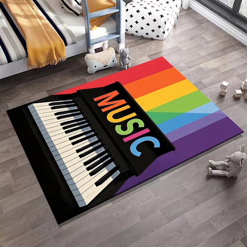 Rainbow Piano Keyboard Carpet with "MUSIC" Text Design, Modern Decor Suitable for use as an anti-slip for living room bedroom sofas