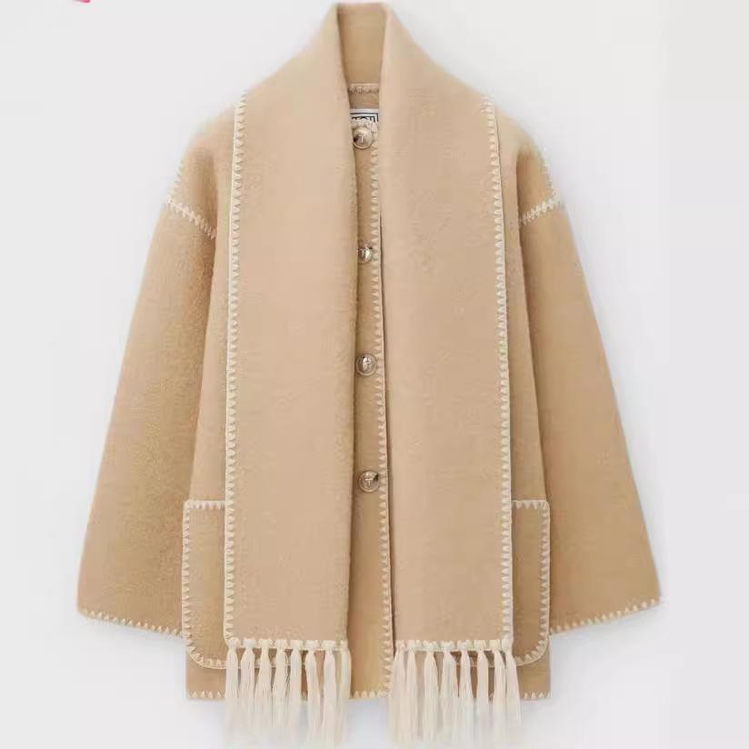 Evropský a americký dámský vlněný kabát 2023 s šálou a střapci - Zesílený, volný střih.