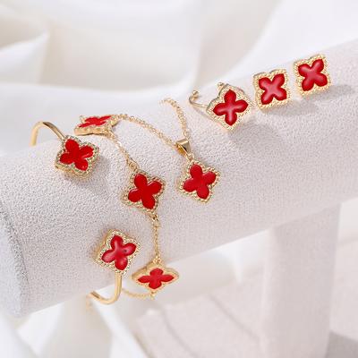 6 Pcs Four Leaf Clover Earring Necklace Bracelet Bangle Ring Zircon Set for Women