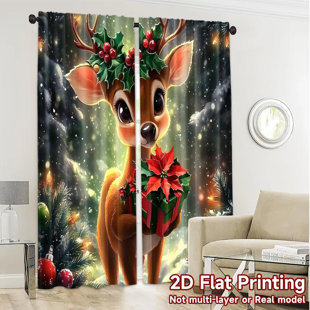 2pcs,Curtains Cute Christmas Deer Present (3) Modern Curtains&Window Treatment Semi-Sheer Curtains Decorations Outdoor Ldeal for
