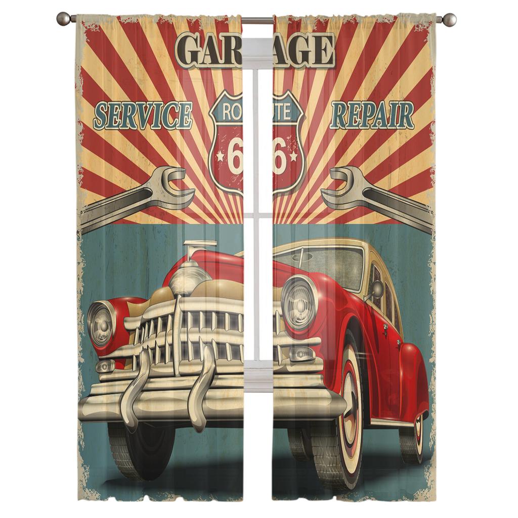Classic Car Poster Window Treatment Tulle Modern Sheer Curtains for Kitchen Living Room the Bedroom Curtains Decoration