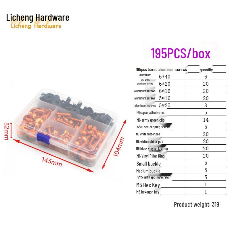 Śruby kolorowe do szyby motocyklowej ze stopu aluminium (177/183/198 szt.)