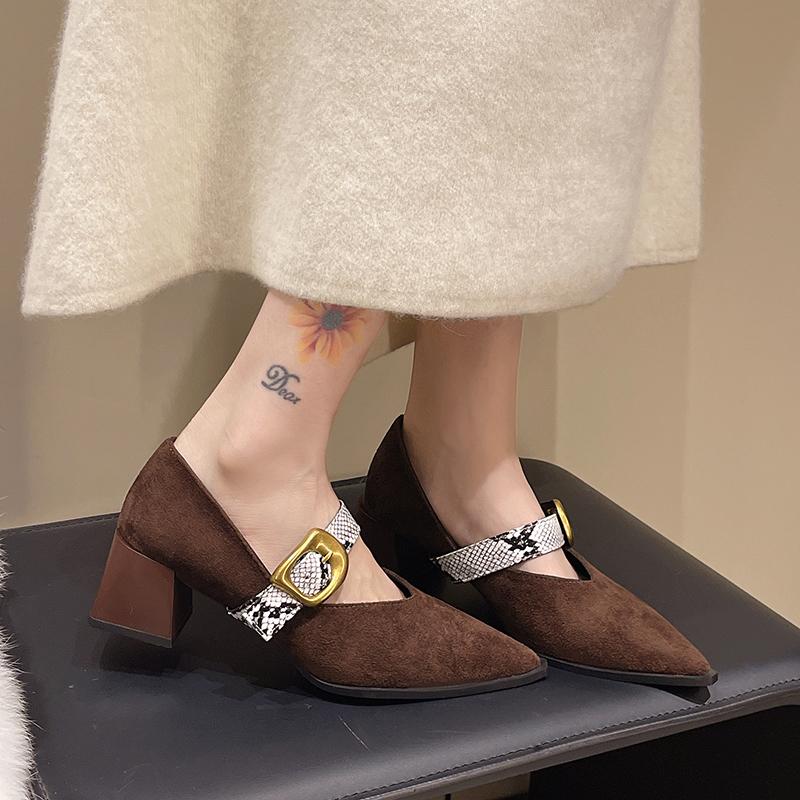 Women's Fashion Single Shoes Autumn New Pointed Toe Shallow Mouth Metal Buckle One Slip Block Heel Shoes