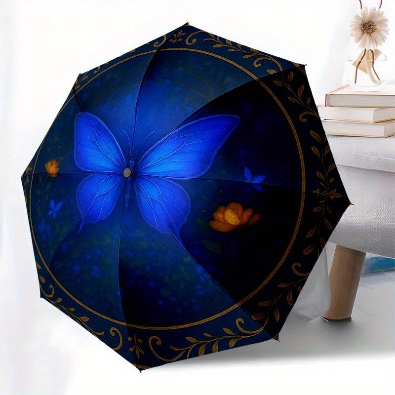 Blue Butterfly Garden Round Rug - Elegant Floral Design for Your Home Decor Umbrella, Portable 3-Fold Compact Umbrella for Men & Women R132