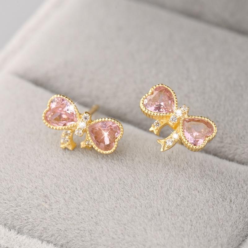 Real  925 Sterling Silver Elegant Bow Earrings Pink CZ Stud Earrings For Women Fine Jewelry золотой