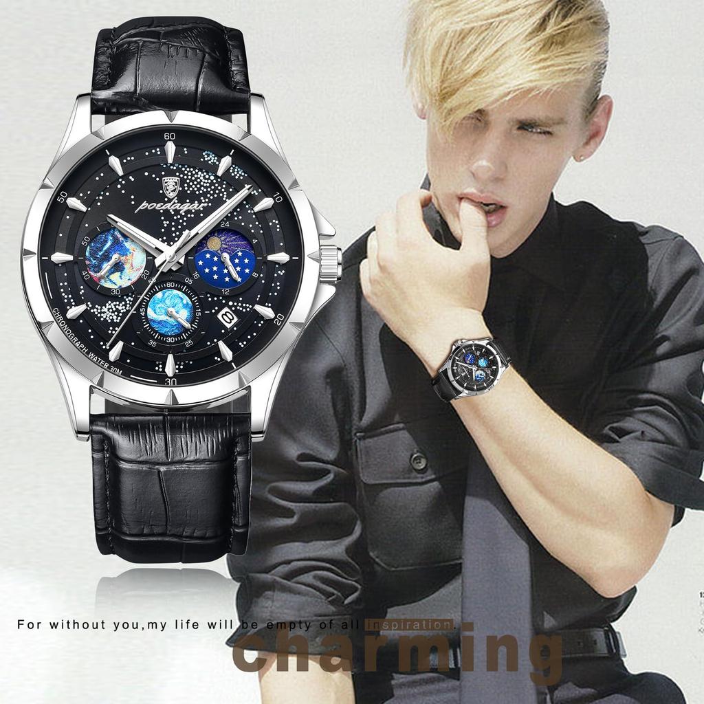 Starry Sky Watch with Leather Luminous Analog Quartz Watch with Leather Fashion Watch Boyfriend Gift Men's Strap, Waterproof Calendar, Strap, -