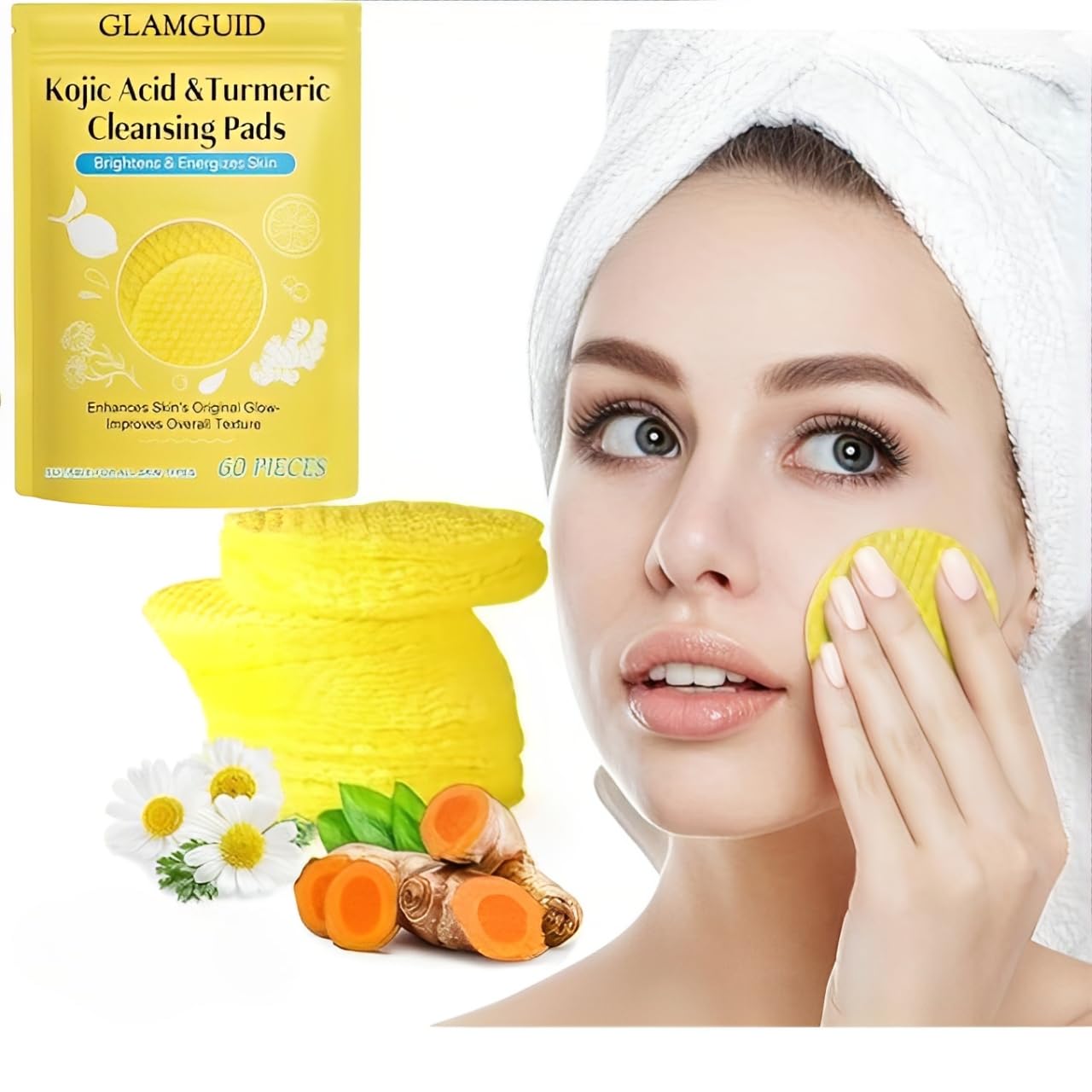 GLAMGUID Очищающие диски с койевой кислотой и куркумой, Очищающие диски с куркумой, витамином B5, витамином C, Вспенивающиеся отшелушивающие диски с куркумой
