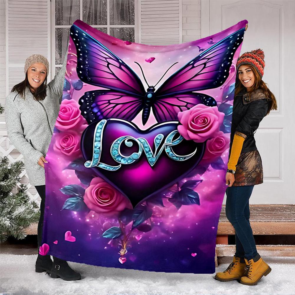 1pc Butterfly Love Heart Roses Throw Blanket Polyester Fiber, Lightweight Flannel, Soft & Warm, All Season Use for Outdoor, Camping