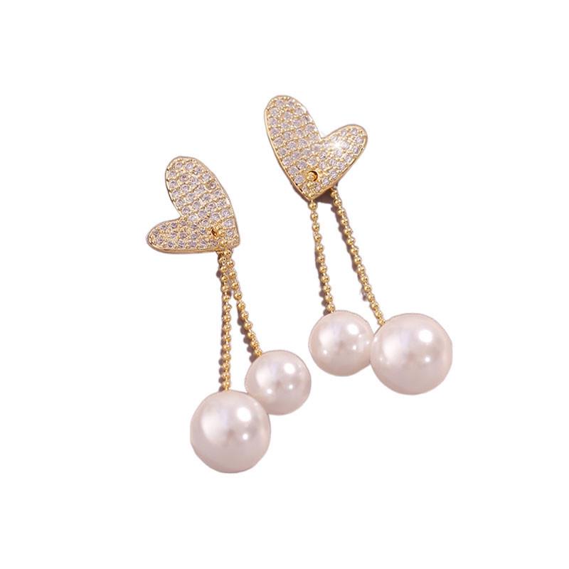 Elegant Heart Tassel Pearl Stud Earrings - High-End, Versatile Fashion Ear Accessories for Women