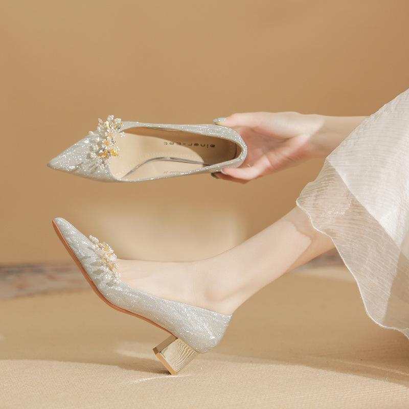 550-3 high heels women's 2025 spring new crystal wedding shoes versatile pointed thick heel removable buckle single shoes