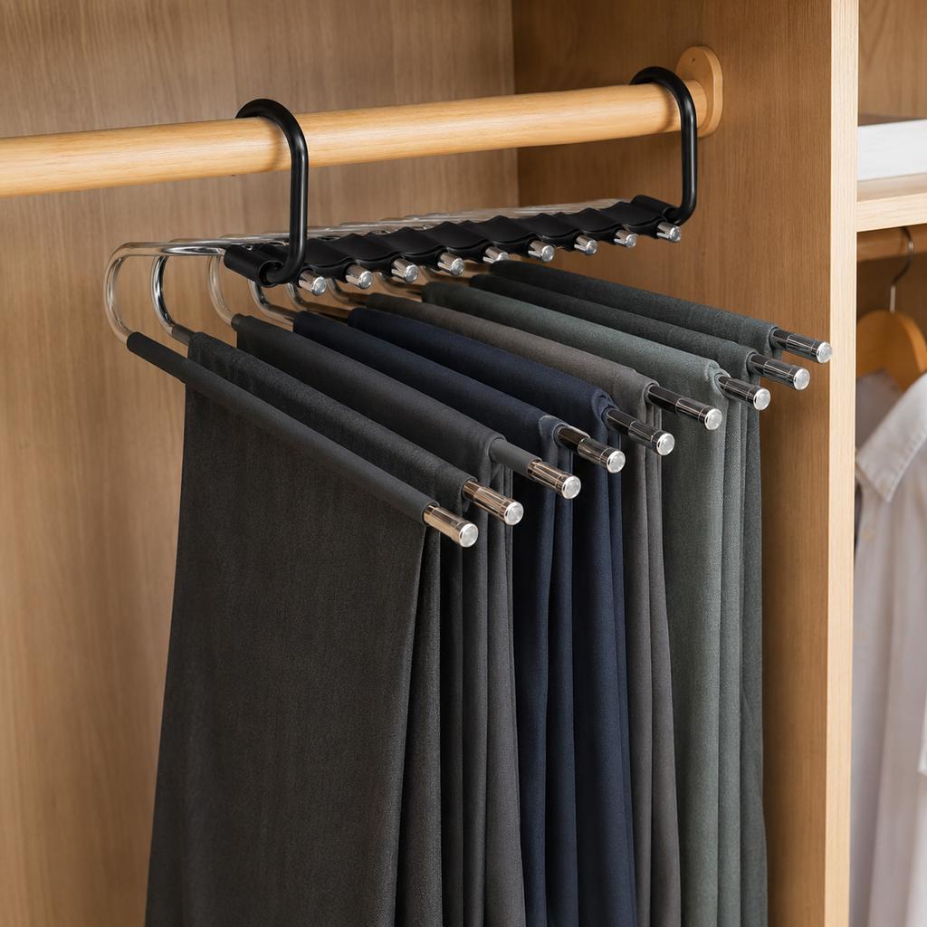 Multi-Tier Pants Hanger with 9 Non-Slip Bars Space Saving Closet Organizer Metal Clothes Rack for Home Use