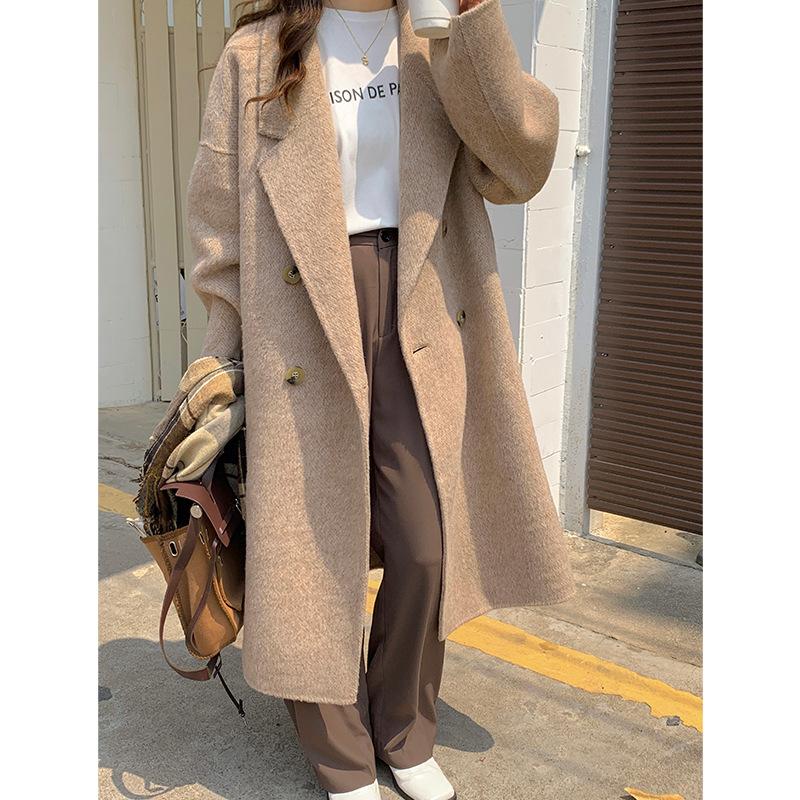 Q576 Albaka camel wool double-sided hand-sewn coat women, long-haired suit collar double-breasted woolen coat