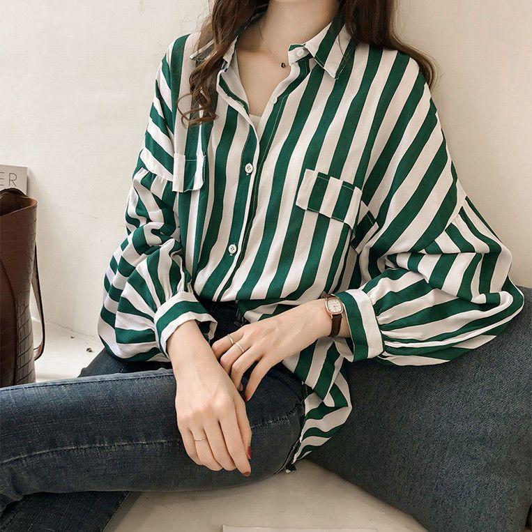 Plus Size Casual Office Lady Women Clothing Korean Pocket Turn Down Collar Striped Shirt Blouses Long Sleeved Top