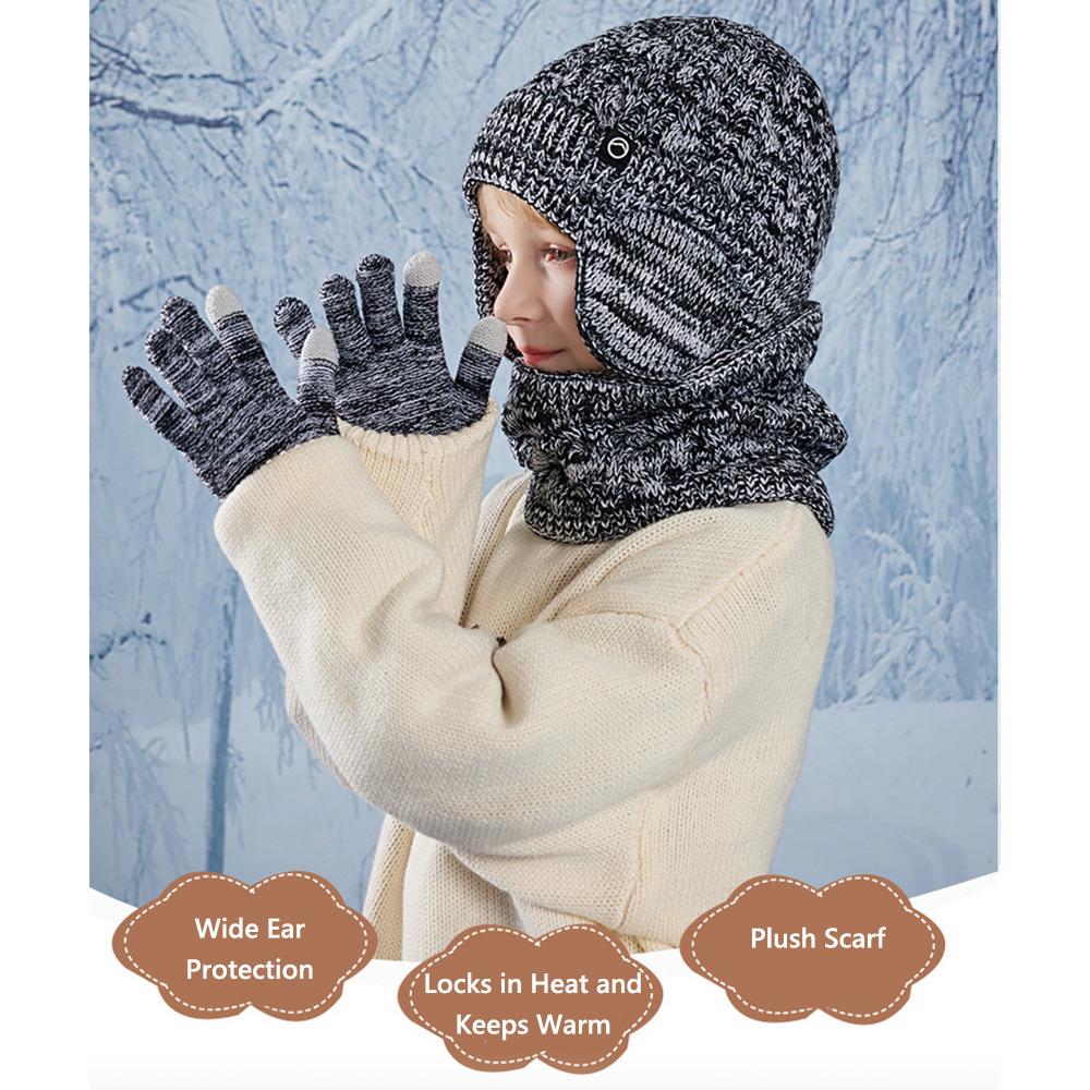 Warm Children's Hat Neck Scarf Gloves Set Fleece Lined Touchscreen Gloves for Boys and Girls