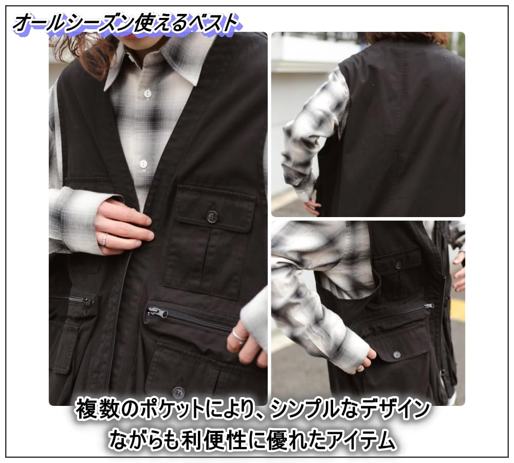 WEGO Unisex Hunting Big Sleeveless Oversized Size Black Men's Vest, Layered, Outerwear, Silhouette, Summer/Winter Clothes, Spring/Summer/Autumn, F,