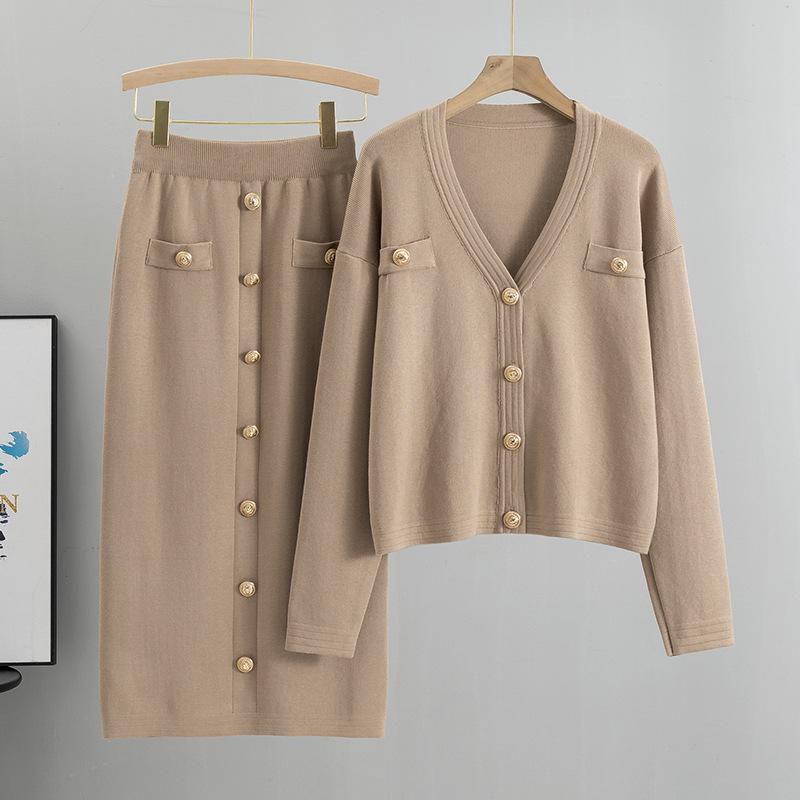 

European-American Cross-border Cardigan & Hip-hugging Skirt Set - Spring/Autumn Knitwear for Women One Size хаки
