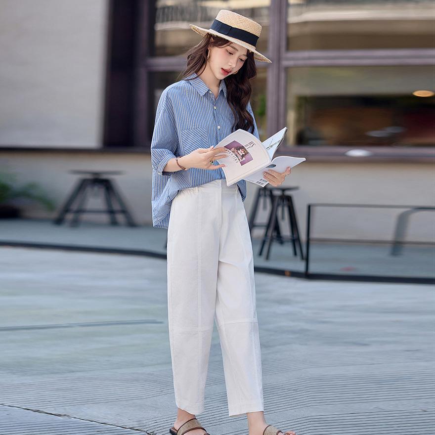Blue striped medium-sleeved shirt, casual pants, women's suit, new loose age-reducing, thin and meat-covering fashion two-piece set